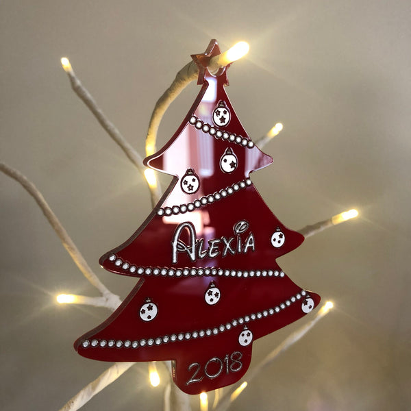 Personalised Christmas Tree Acrylic Bauble — Silver or Gold Trim