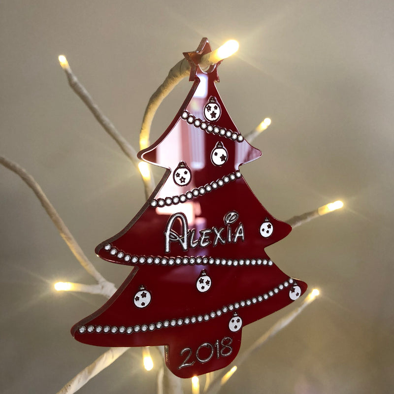 Personalised Christmas Tree Acrylic Bauble — Silver or Gold Trim