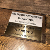 No Door Knockers Engraved Acrylic Plaque Sign — 4 Colours