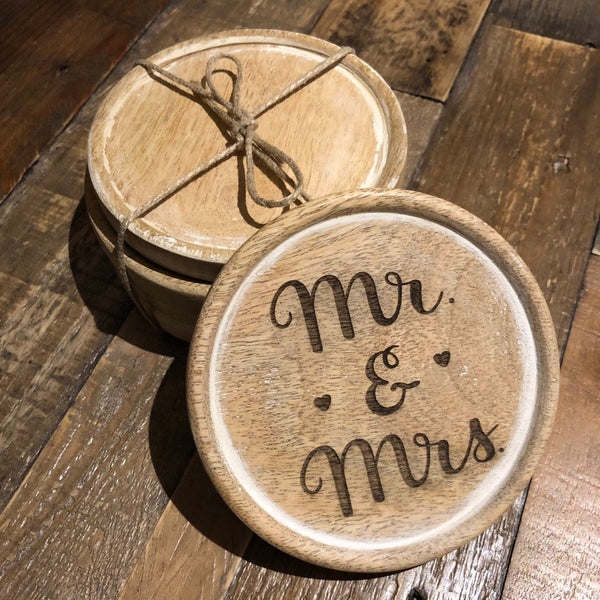 Personalised Laser Engraved Mr & Mrs Mango Wood Coasters